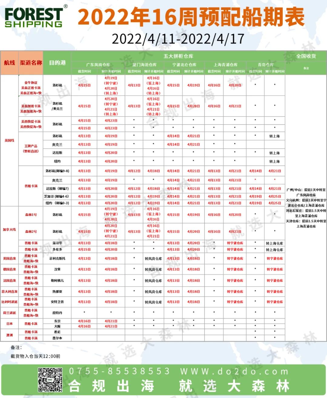 2022年第16周預(yù)配船期安排